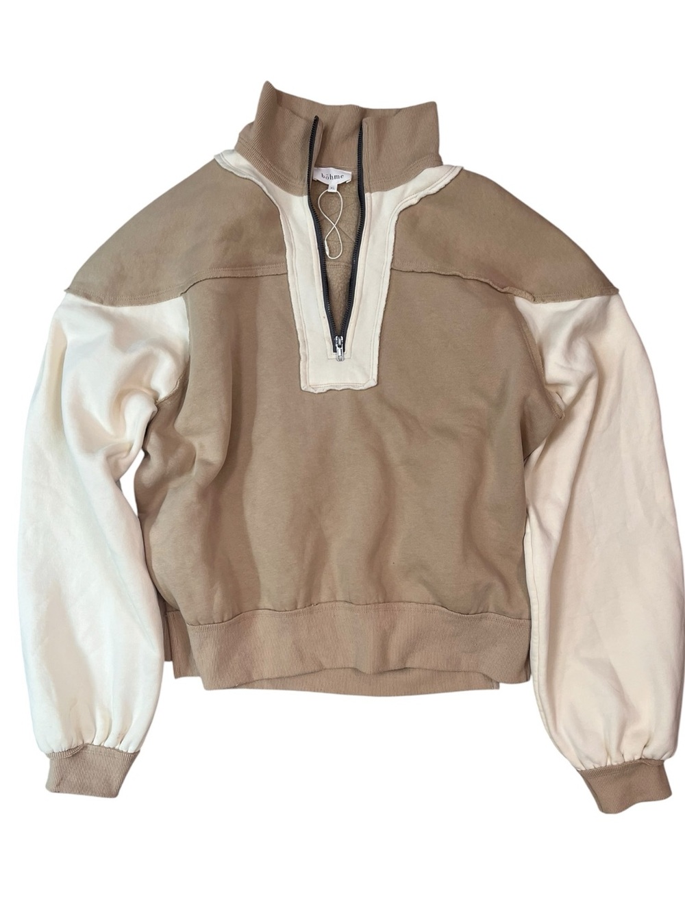 Bohme 1/4 Zip Sweatshirt Womens XL Colorblock Tan Cream Raw Seams Activewear